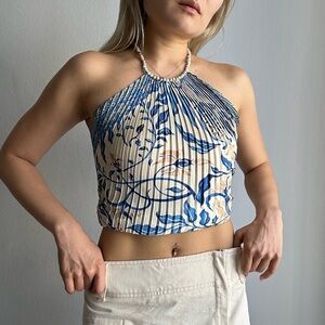 NWOT Handmade Multiway Pleated Satin Scarf Tie Top Beaded Neck Strap Blue Cream